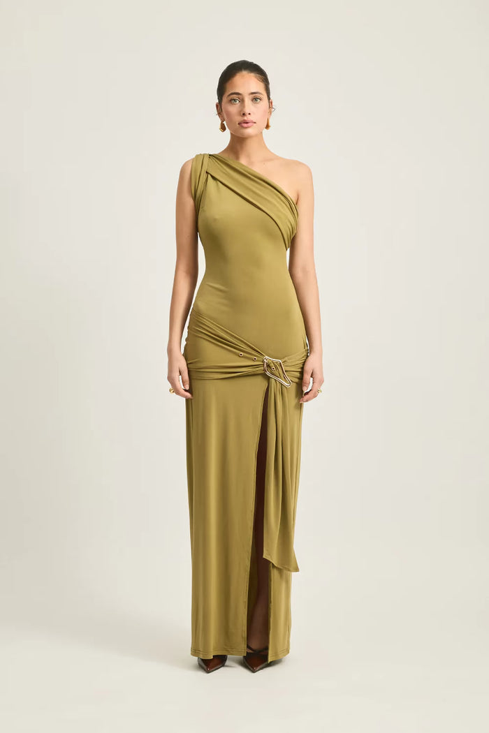 Model wearing TOJHA Atiyah olive one-shoulder maxi dress — women's size guide australia