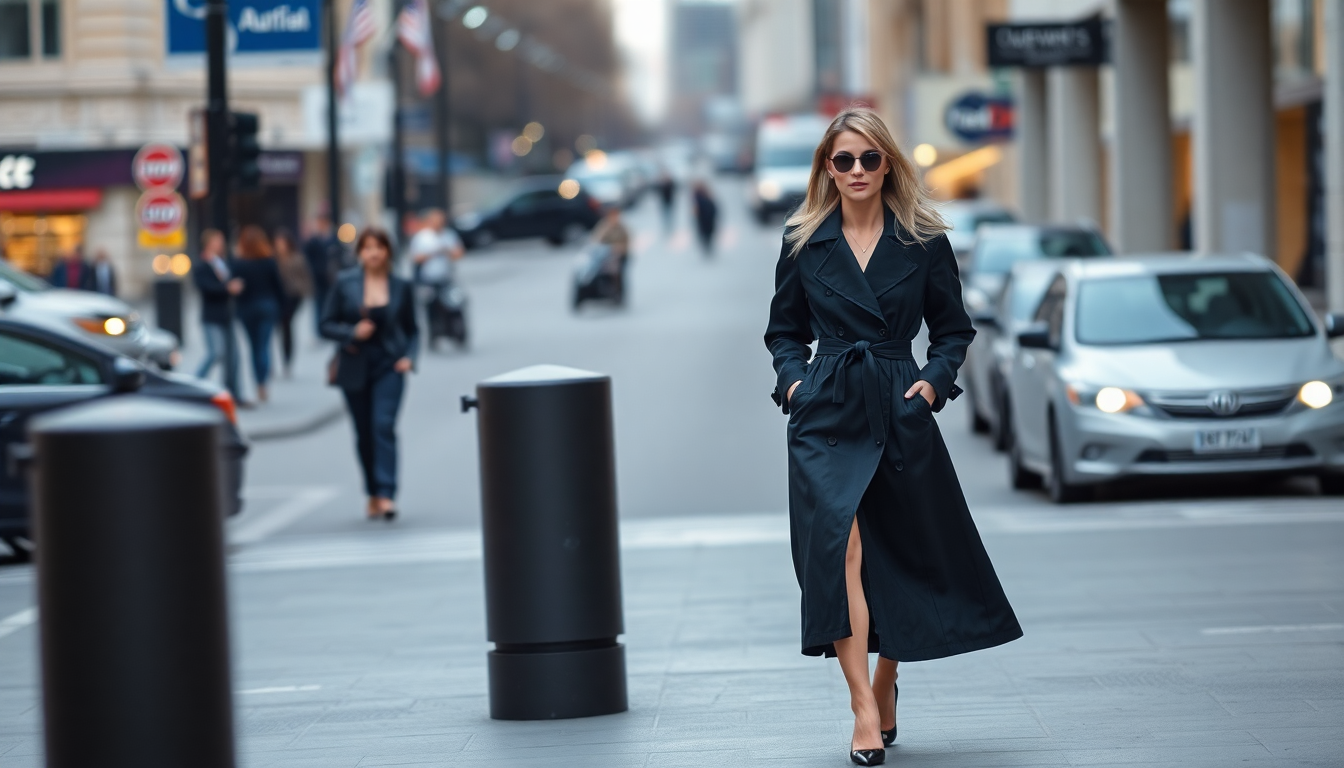 australian fashion week. woman walking in the street. black trench coat, high heels