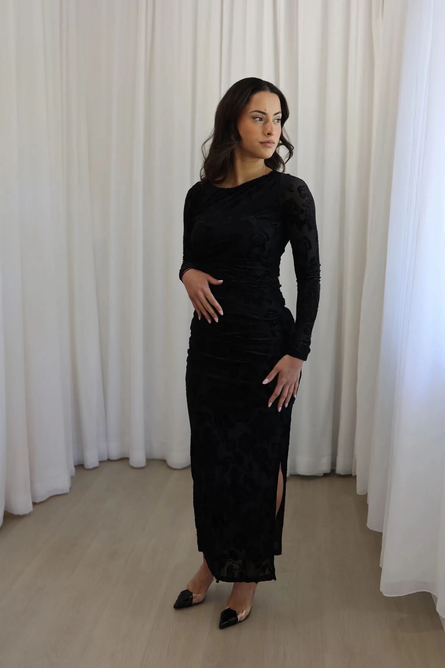 Helena Long Sleeve Ruched Maxi Dress - Black Velvet Maxi
