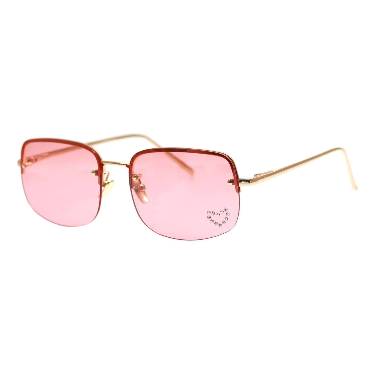 Faster Love sunglasses with pink tinted lenses and gold metal frame, angled to show both lenses and arms.