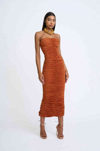 Thumbnail for BY JOHNNY By Johnny Gloria Gathered Strapless Midi Dress - Deep Clay BELLA n' BEAR