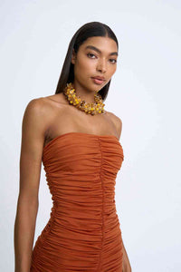 Thumbnail for BY JOHNNY By Johnny Gloria Gathered Strapless Midi Dress - Deep Clay BELLA n' BEAR