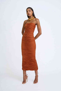 Thumbnail for BY JOHNNY By Johnny Gloria Gathered Strapless Midi Dress - Deep Clay BELLA n' BEAR