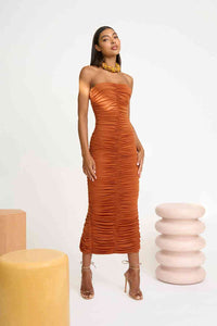 Thumbnail for BY JOHNNY By Johnny Gloria Gathered Strapless Midi Dress - Deep Clay BELLA n' BEAR