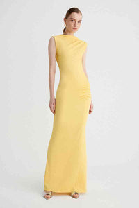 Thumbnail for a woman in a yellow Suboo Vega Rouched Front Midi Dress in Butter