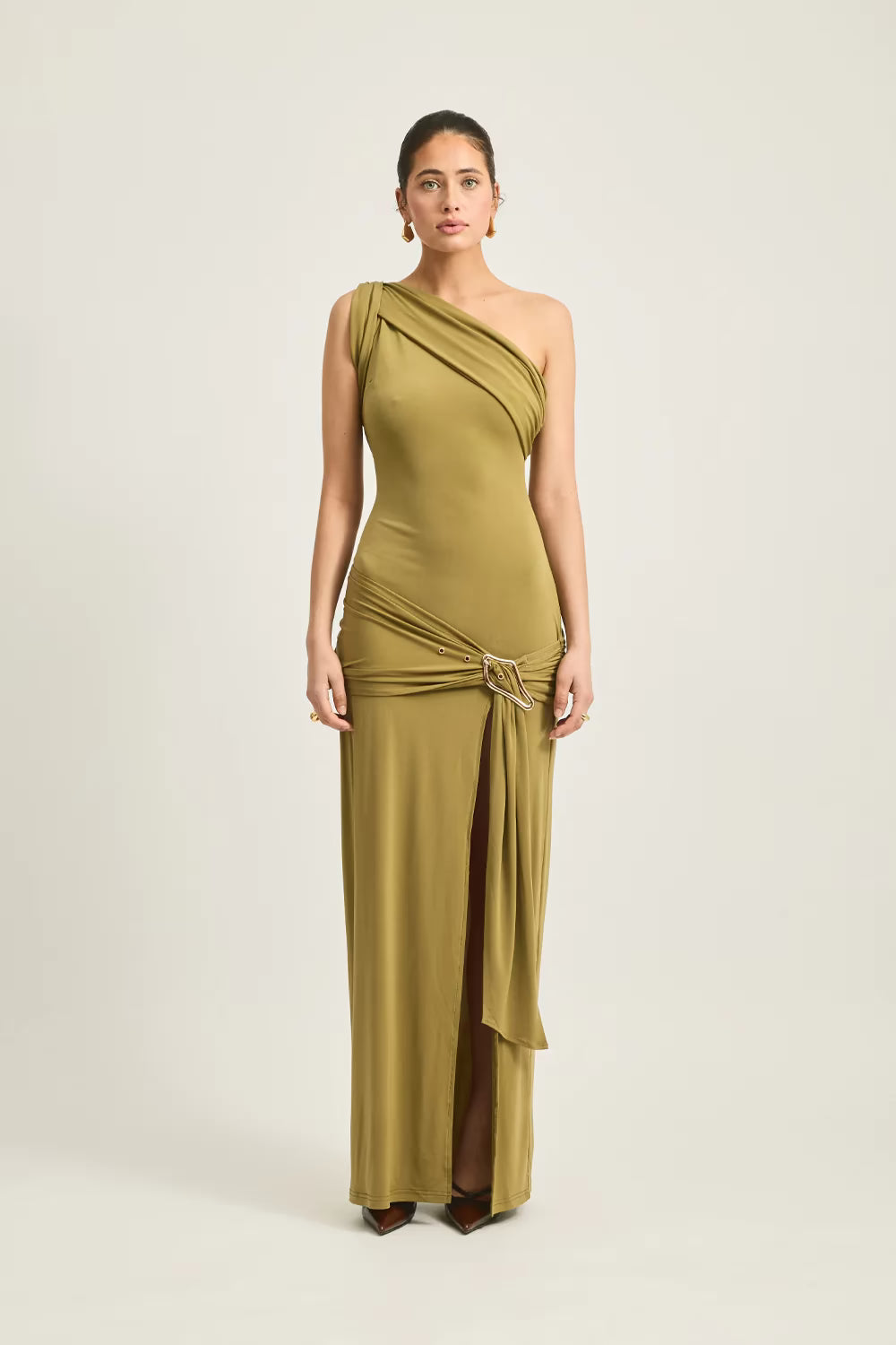 Atiyah Dress - Olive | Tojha – One Shoulder Maxi