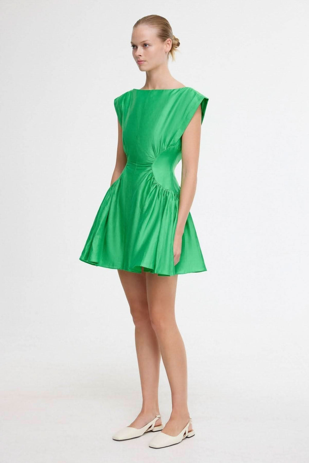 Green mini dress with gathered waist and cap sleeves, A-line skirt