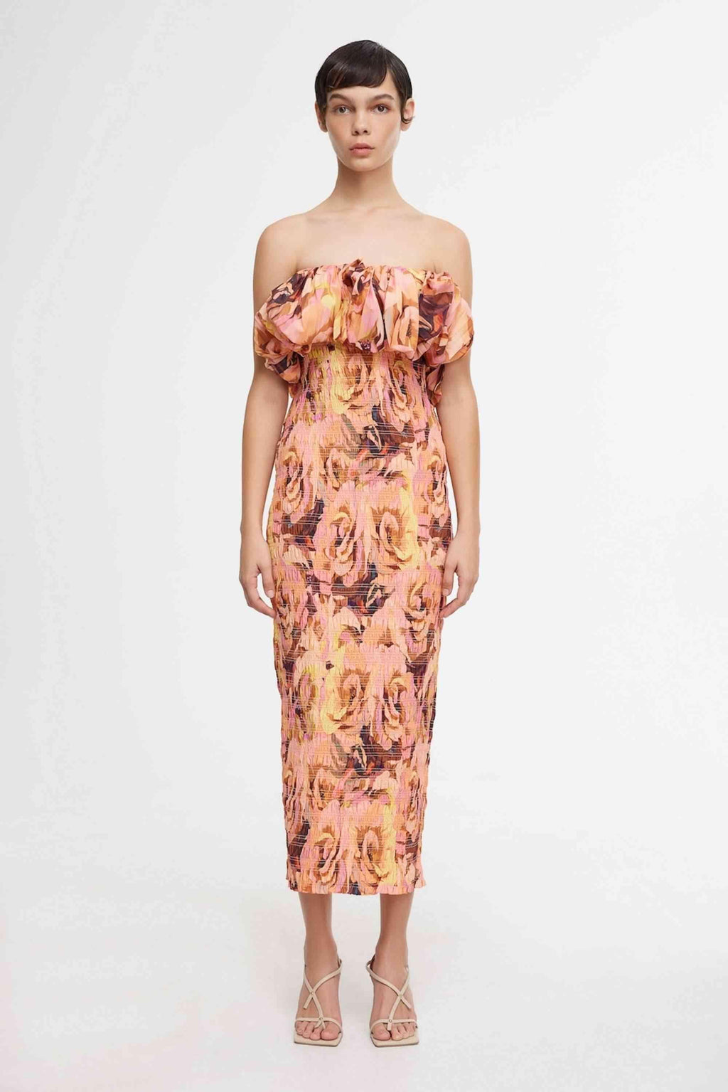 Floral fitted midi dress with off-shoulder puff ruffles and waist ruching