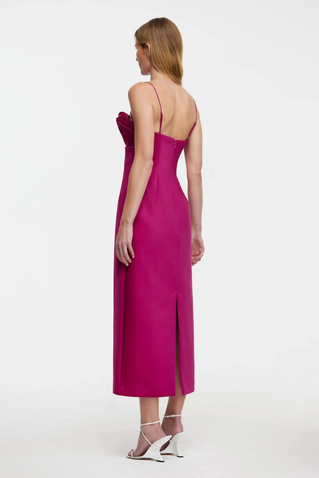 Mahina plum midi dress with spaghetti straps and open back, ruched bodice