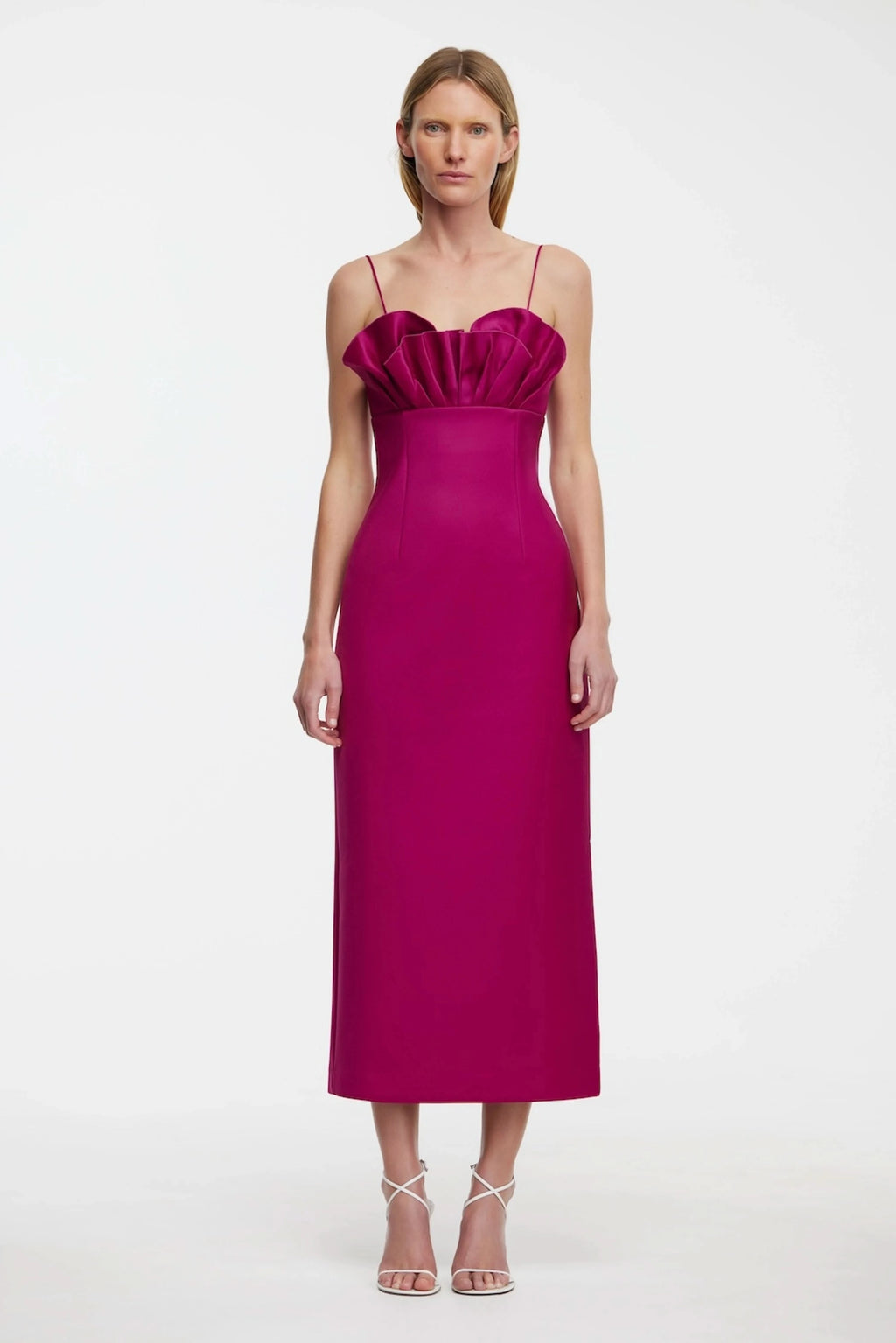 Mahina plum midi dress with spaghetti straps and sweetheart neckline, ruched bust