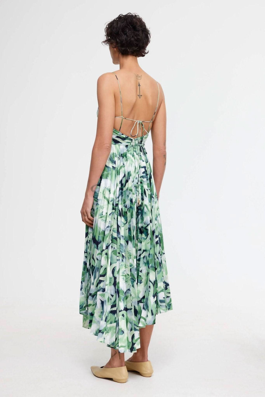 Leafy print midi dress with crisscross open-back straps and adjustable tie