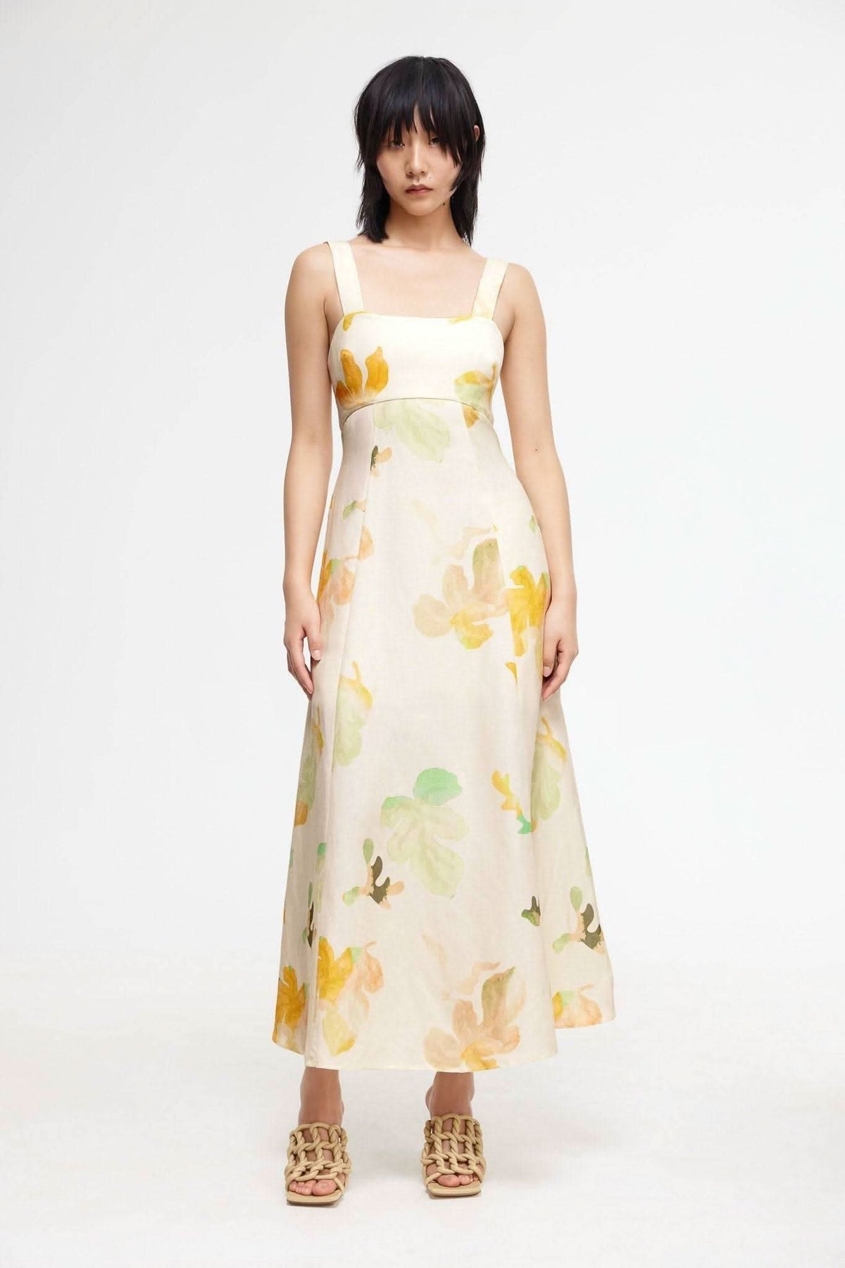 Floral midi dress with wide straps, fitted bodice and full skirt, cream with flower print