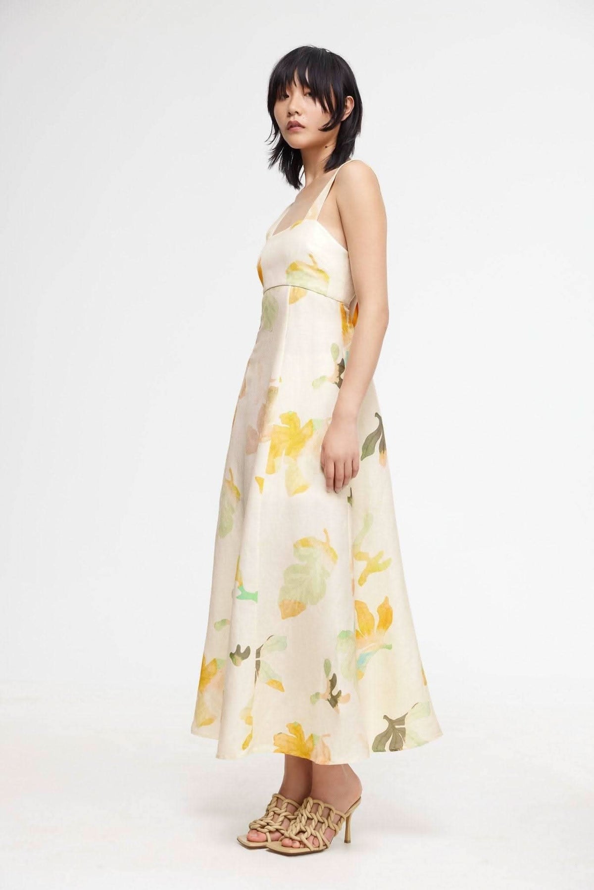 Floral midi dress with wide straps, cream base and yellow-green flower print