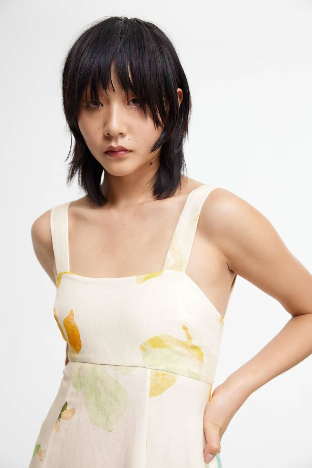 Floral midi dress, square neckline, wide shoulder straps, cream with yellow and green print