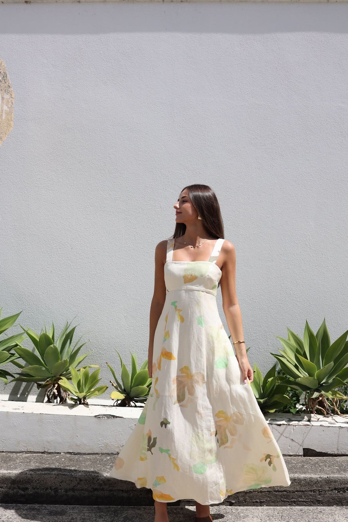 Floral midi sundress with wide straps, cream with yellow and green flower print