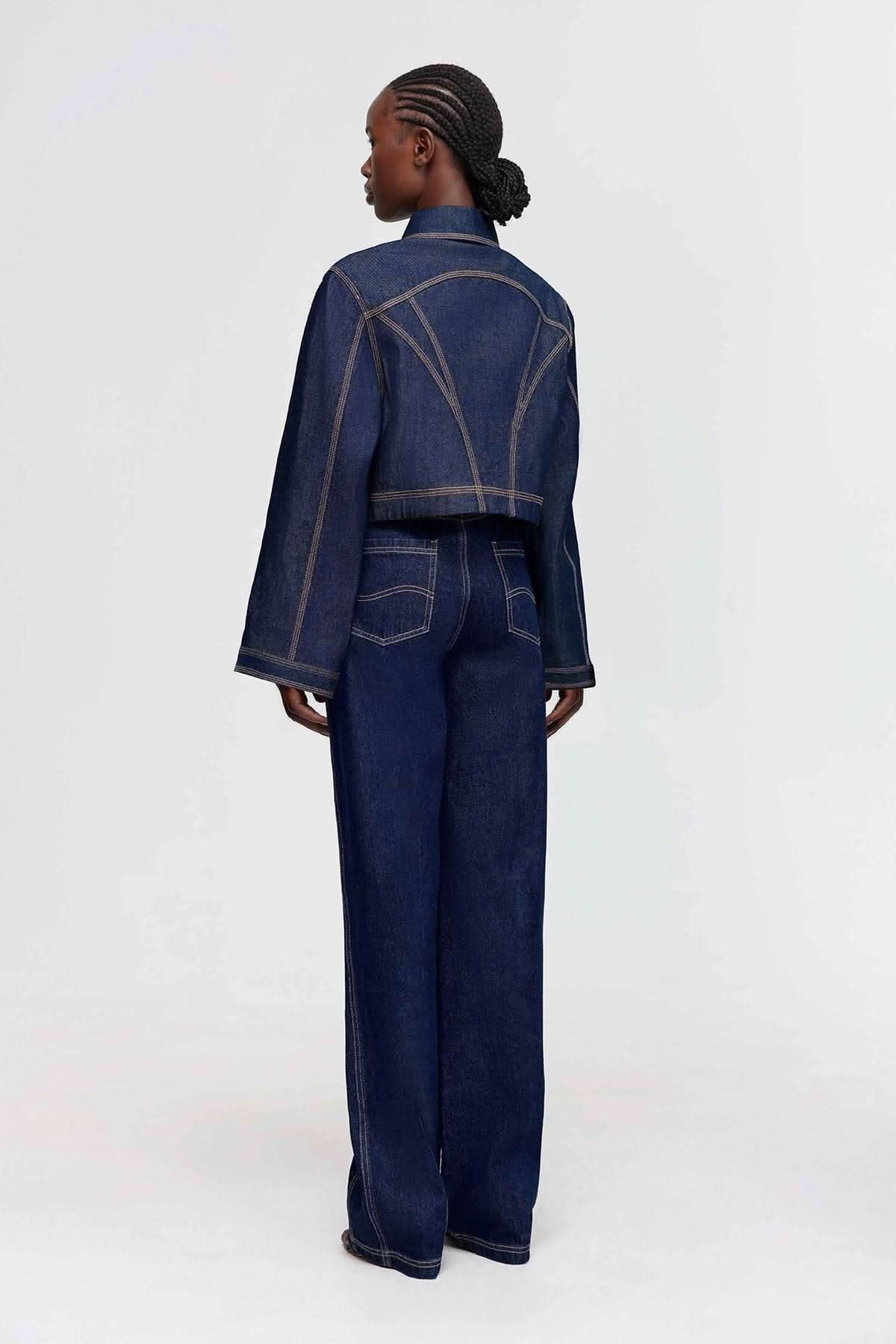 Dark indigo denim jeans, wide leg, back patch pockets, belt loops
