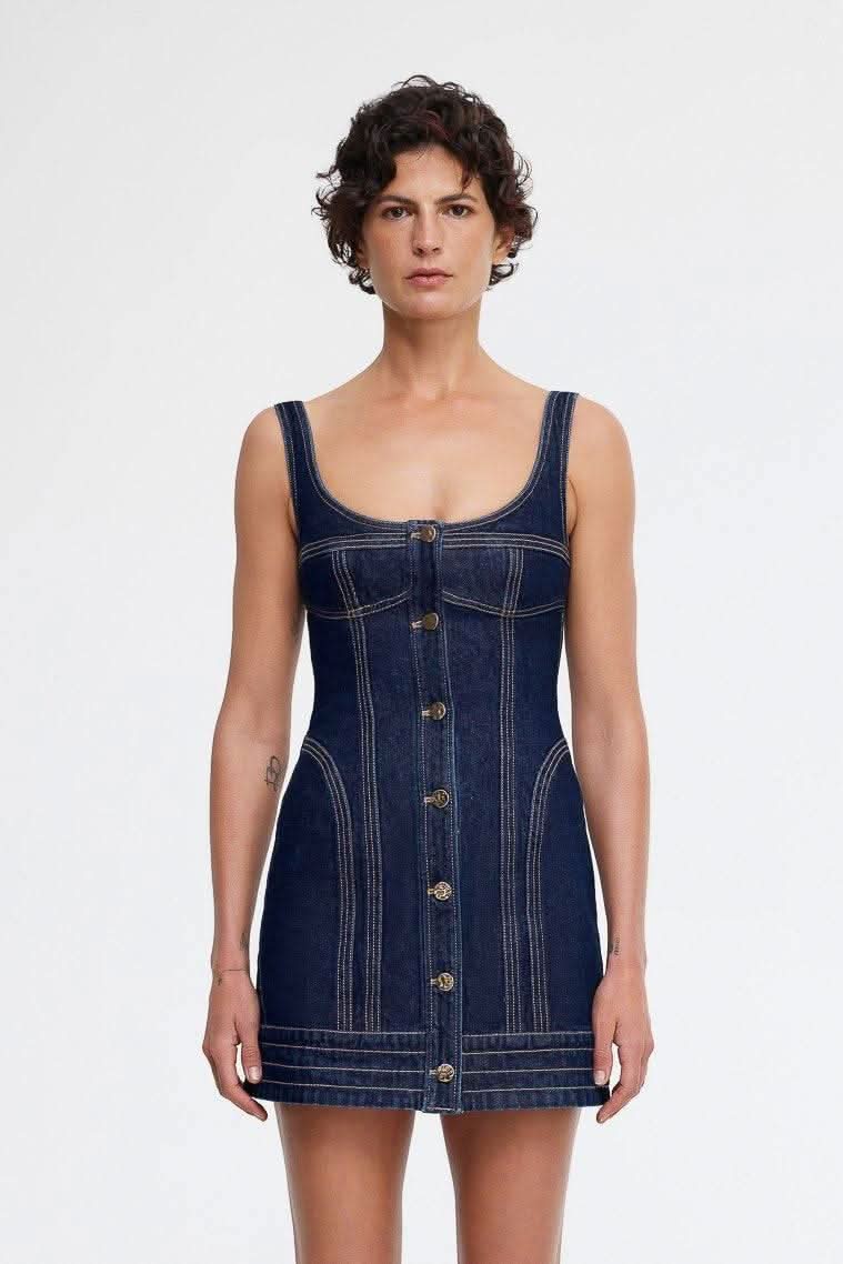 Dark indigo denim mini dress, sleeveless square neck, button front