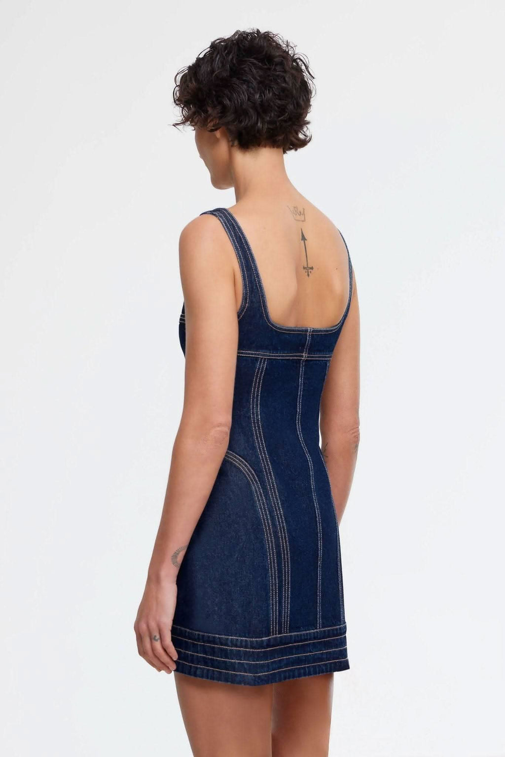 Dark indigo denim mini dress, racerback, button front
