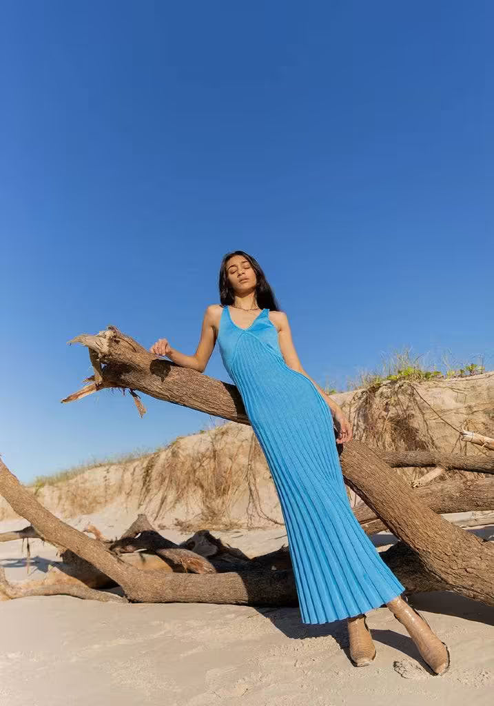 Ocean blue sleeveless maxi dress with scoop neck and long ribbed knit skirt