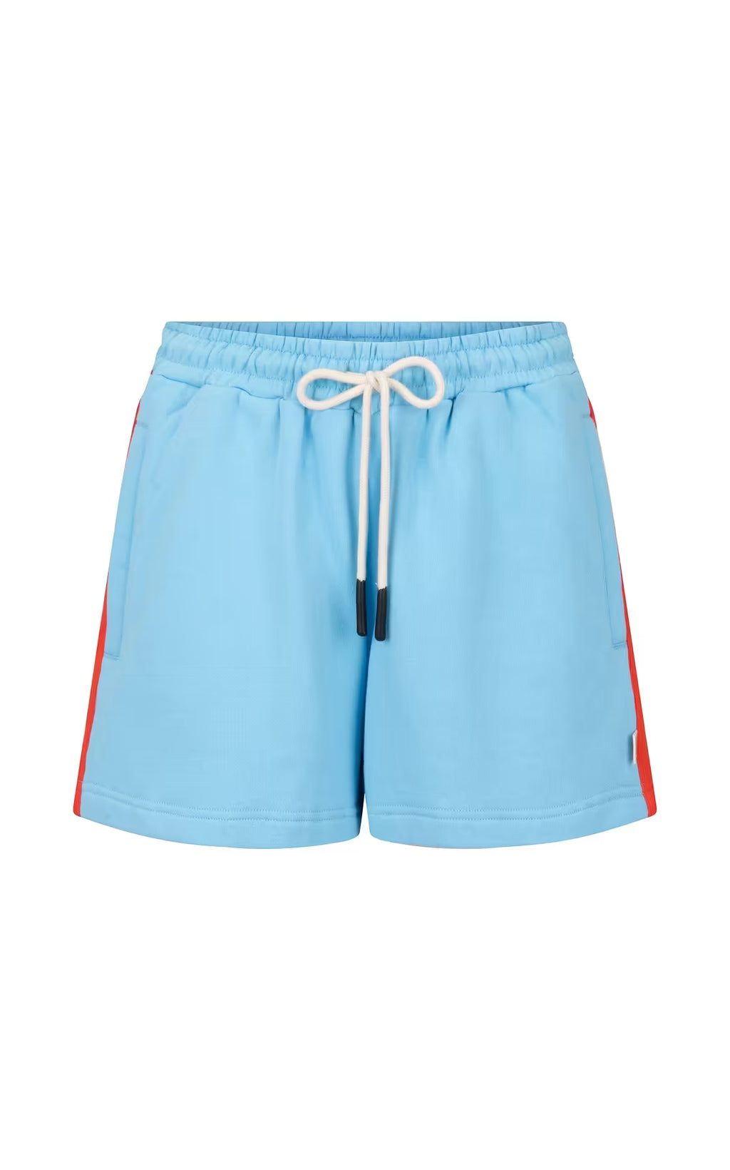 Ice blue track shorts with drawstring waist and red side stripe