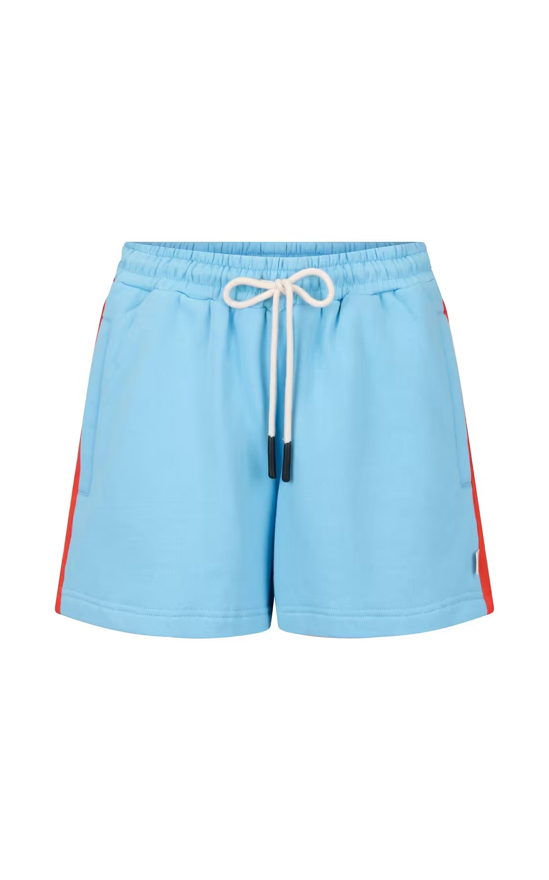 Ice blue track shorts with drawstring waist and red side stripe