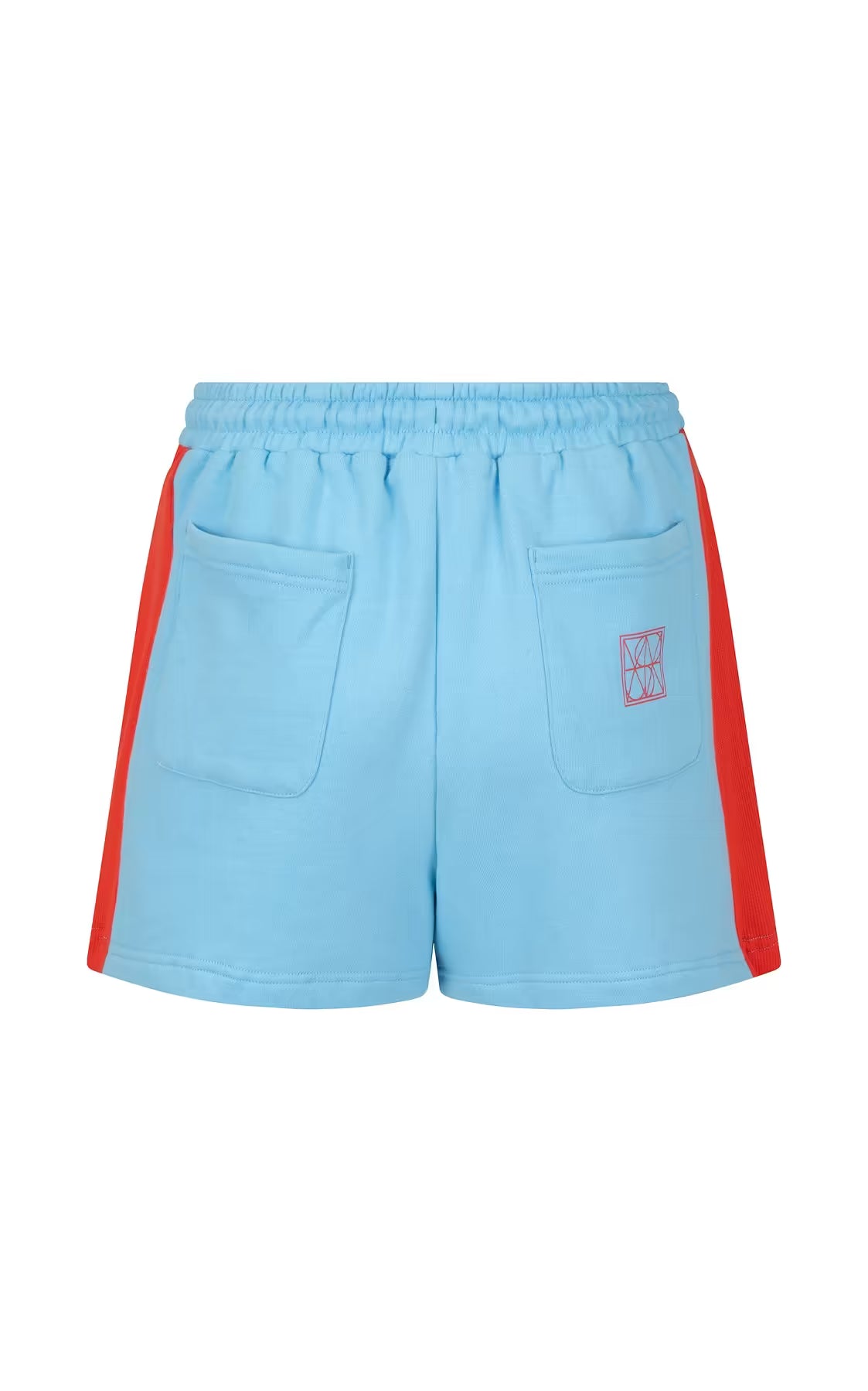 Ice blue track shorts with drawstring waist, red side stripe, back logo patch