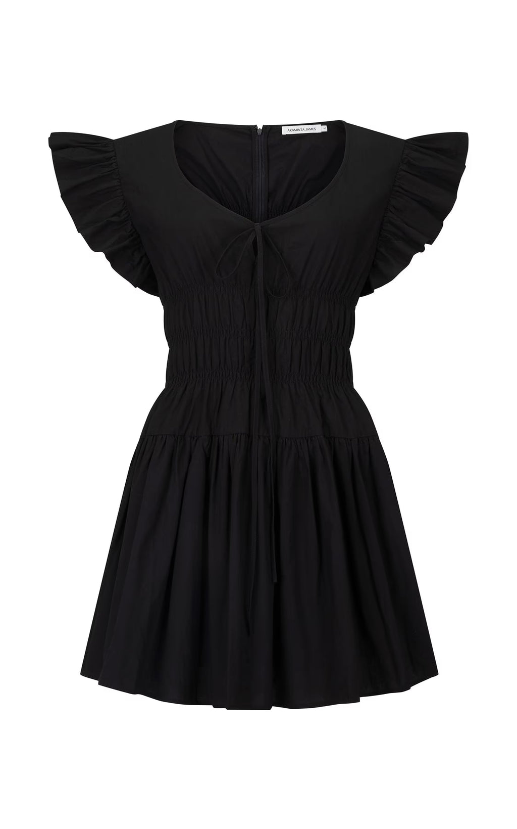 Black mini dress, flutter sleeves, ruched bodice, V-neck, gathered skirt