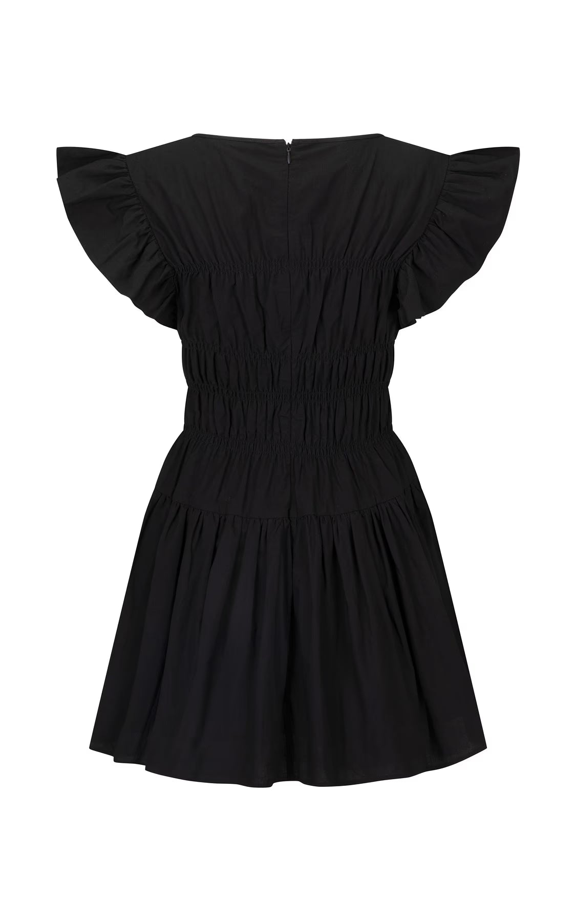 Black mini dress with flutter sleeves and ruched bodice, gathered tiered skirt