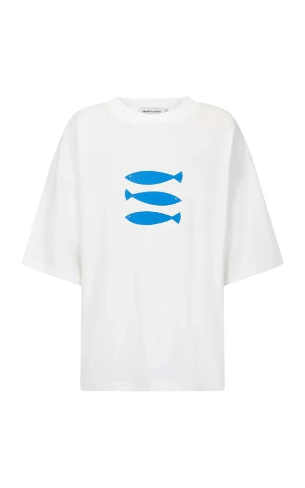White crew-neck short-sleeve tee with blue fish graphic on center front.