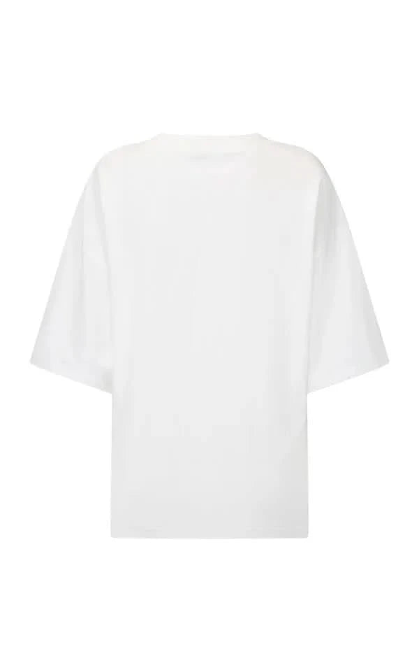 White crew-neck tee with short sleeves, plain back, no visible graphic.