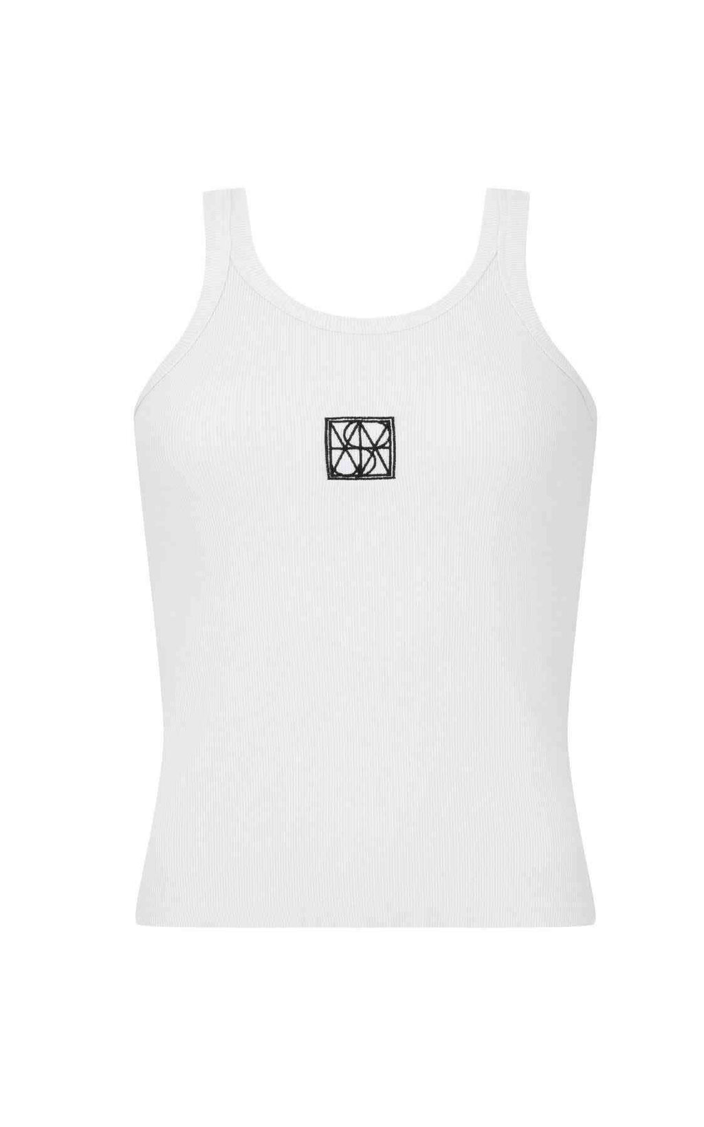 White scoop-neck tank top with small square monogram patch at chest
