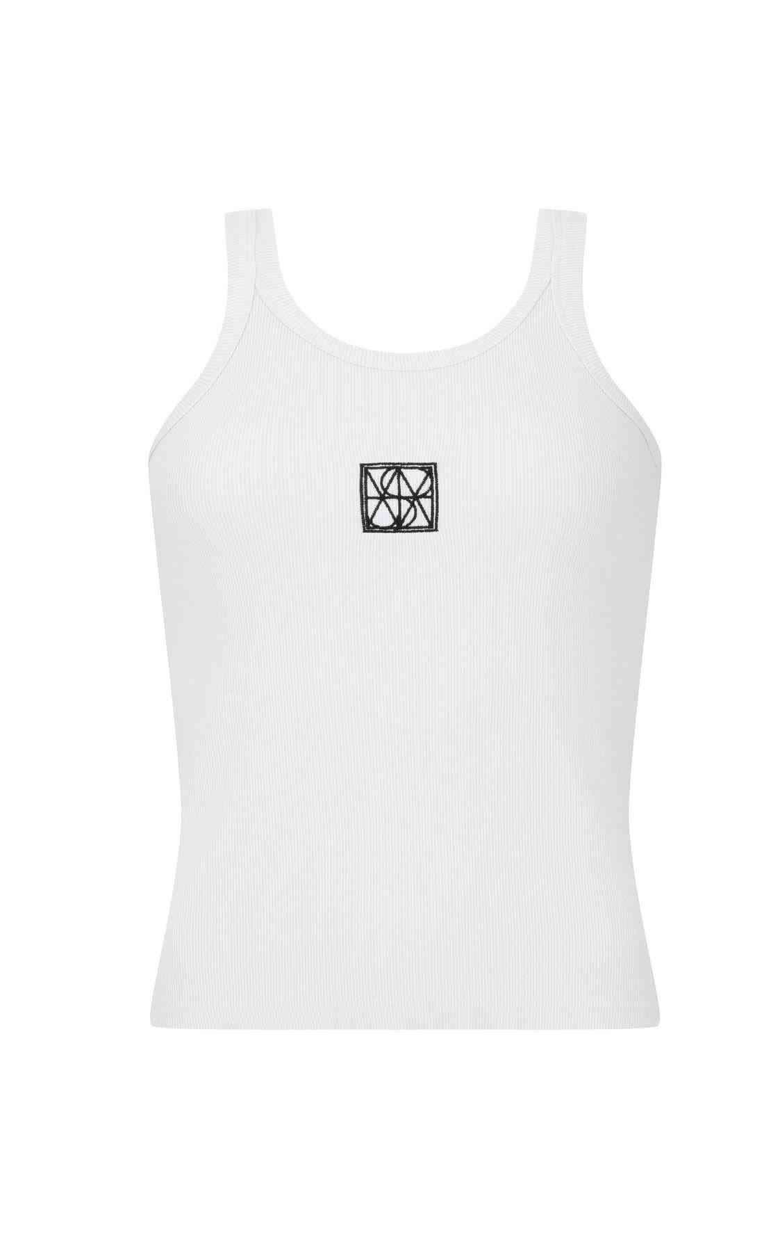 White scoop-neck tank top with small square monogram patch at chest