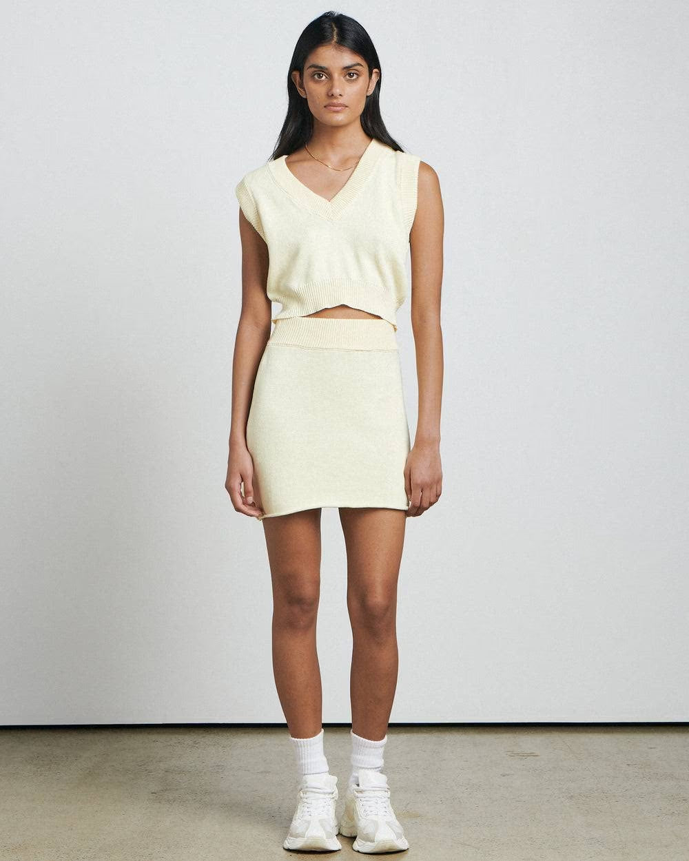 Butter knitted mini skirt with ribbed waistband and clean above-knee cut