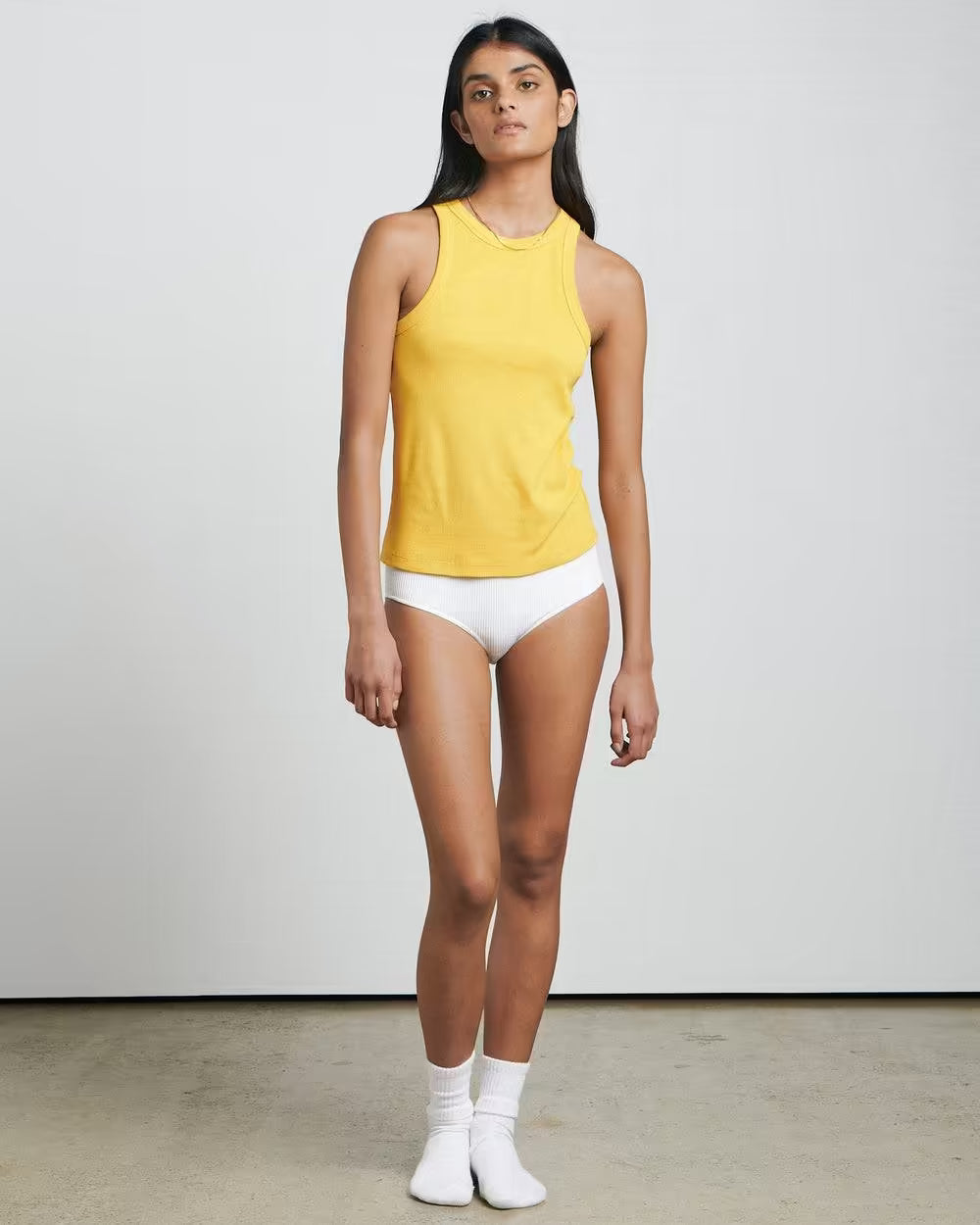 Honey yellow sleeveless singlet tank top with round neckline