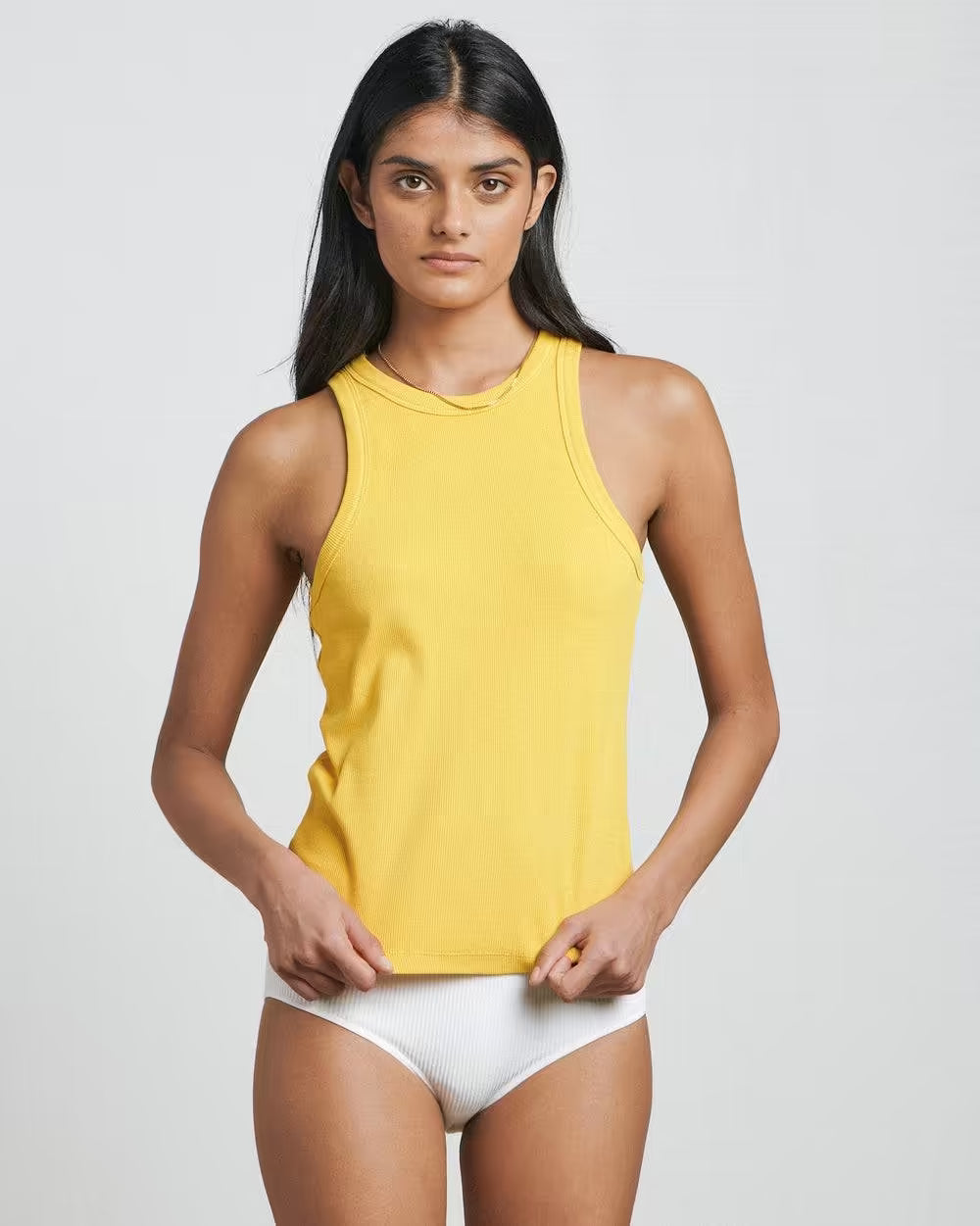 Honey yellow sleeveless singlet tank top with round neckline