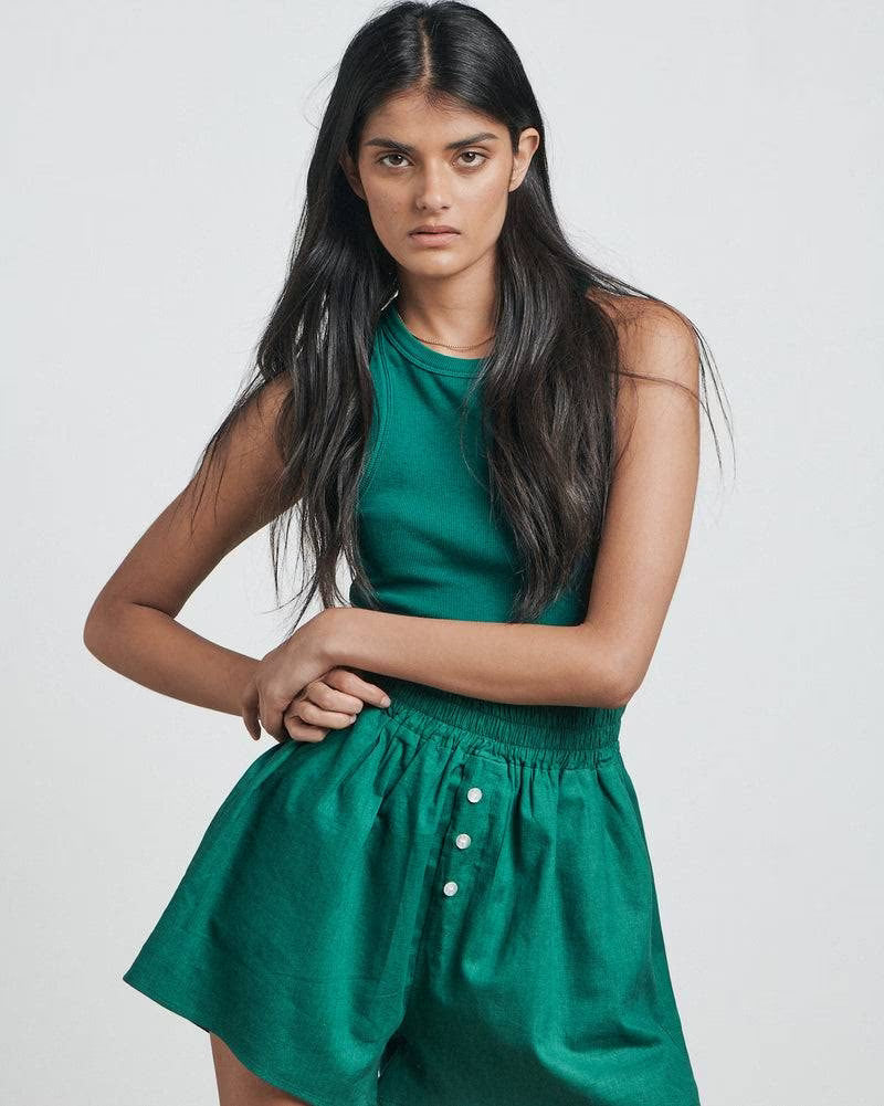 Palm leaf green ribbed tank singlet with round crew neck and sleeveless design