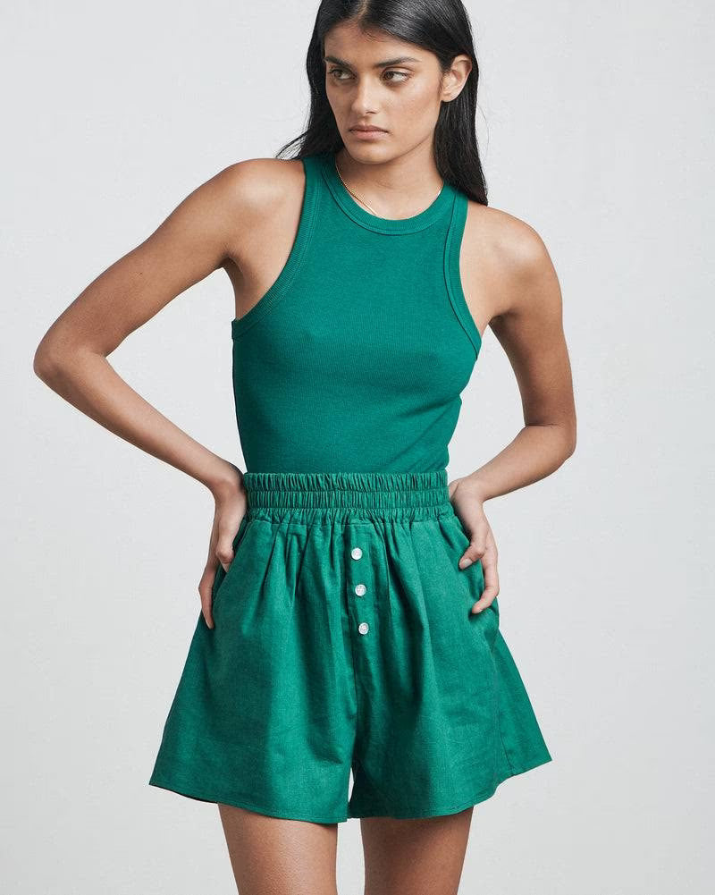 Palm leaf green sleeveless tank singlet with round neckline and fitted bodice
