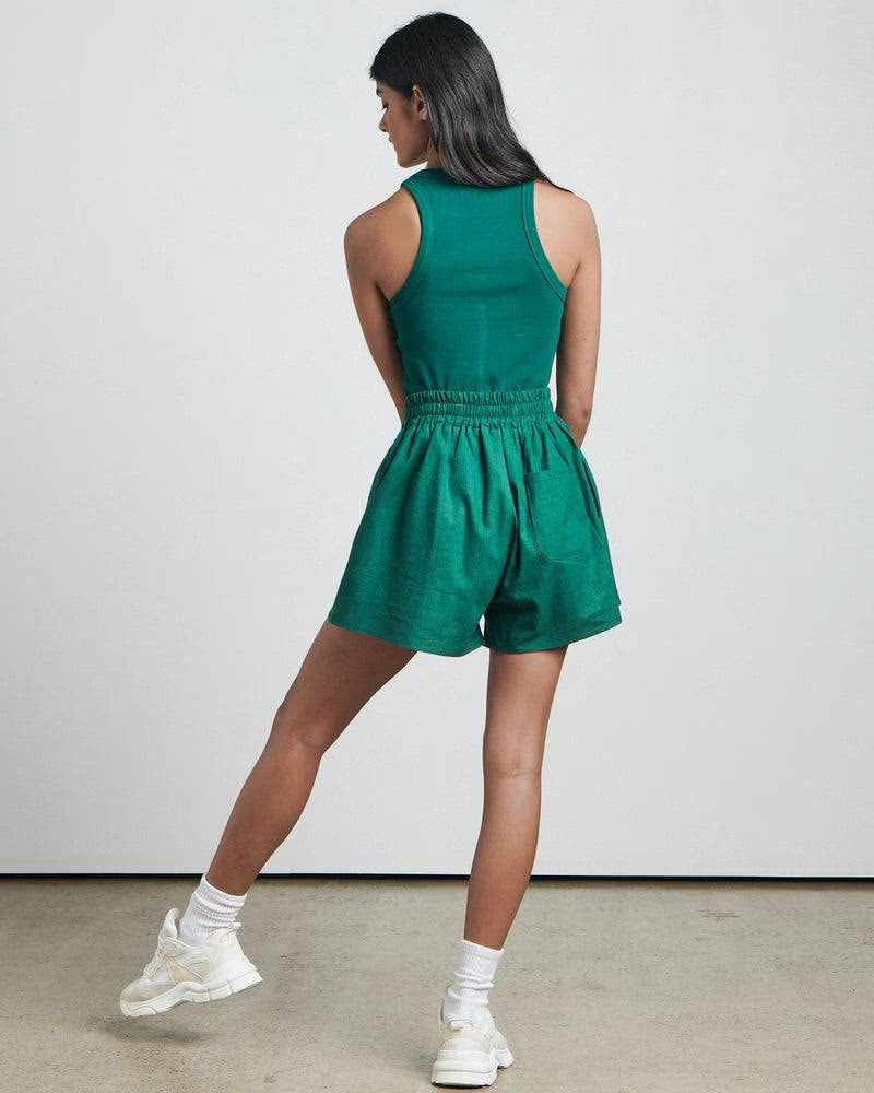 Palm leaf green sleeveless tank singlet shown from the back with crew neckline