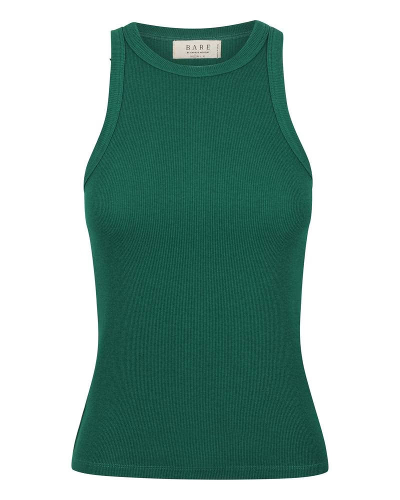Palm leaf green tank singlet with crew neck and sleeveless silhouette, flat lay view