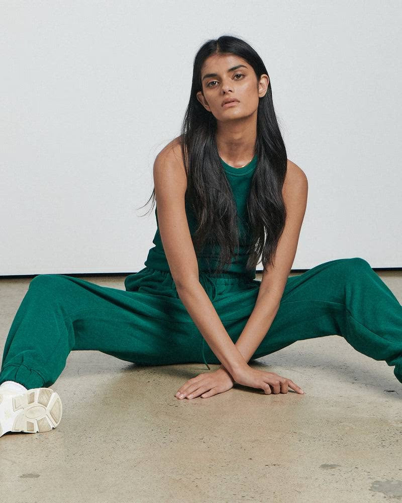 Palm leaf green ribbed tank singlet with round neckline and sleeveless shoulders
