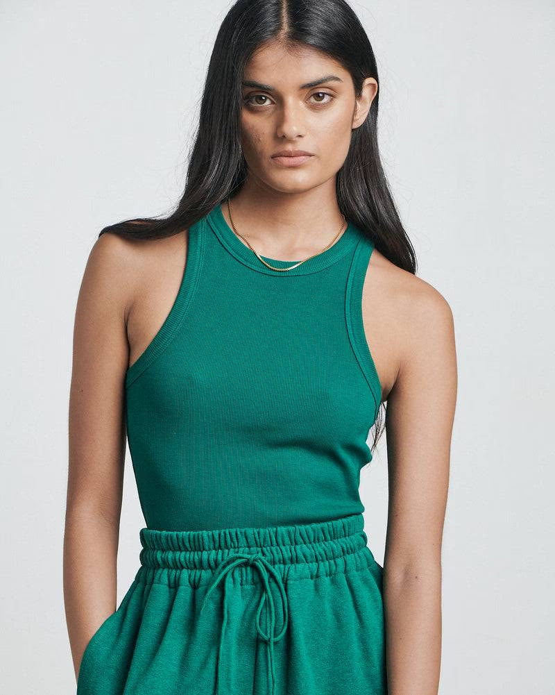 Palm leaf green tank singlet with crew neck and ribbed trim at neckline and armholes