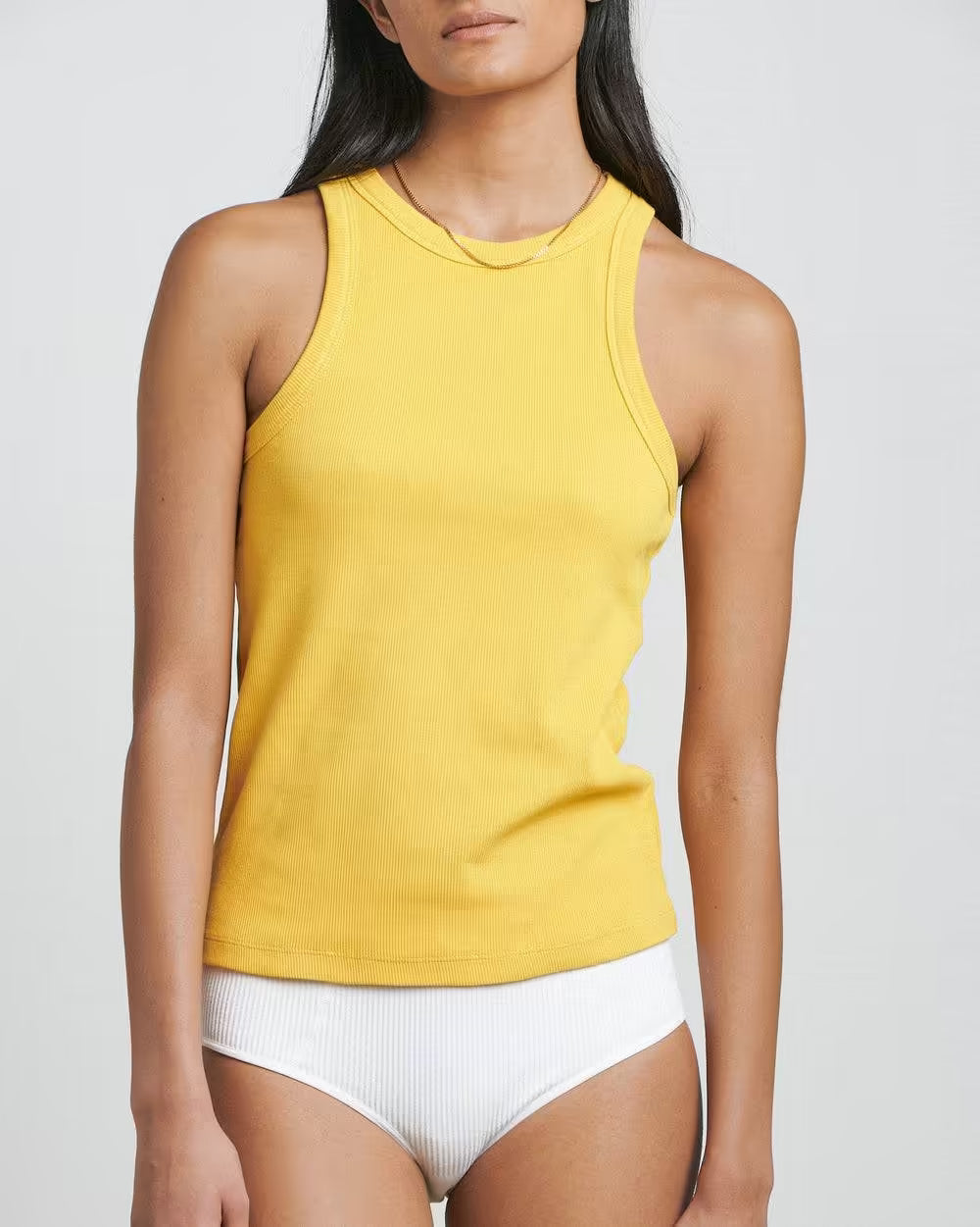 Honey yellow sleeveless singlet tank top, close-up front