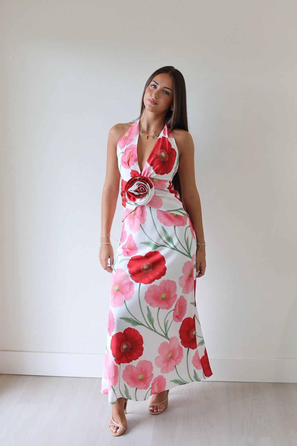Floral halter maxi dress in white with large pink and red poppy blossoms