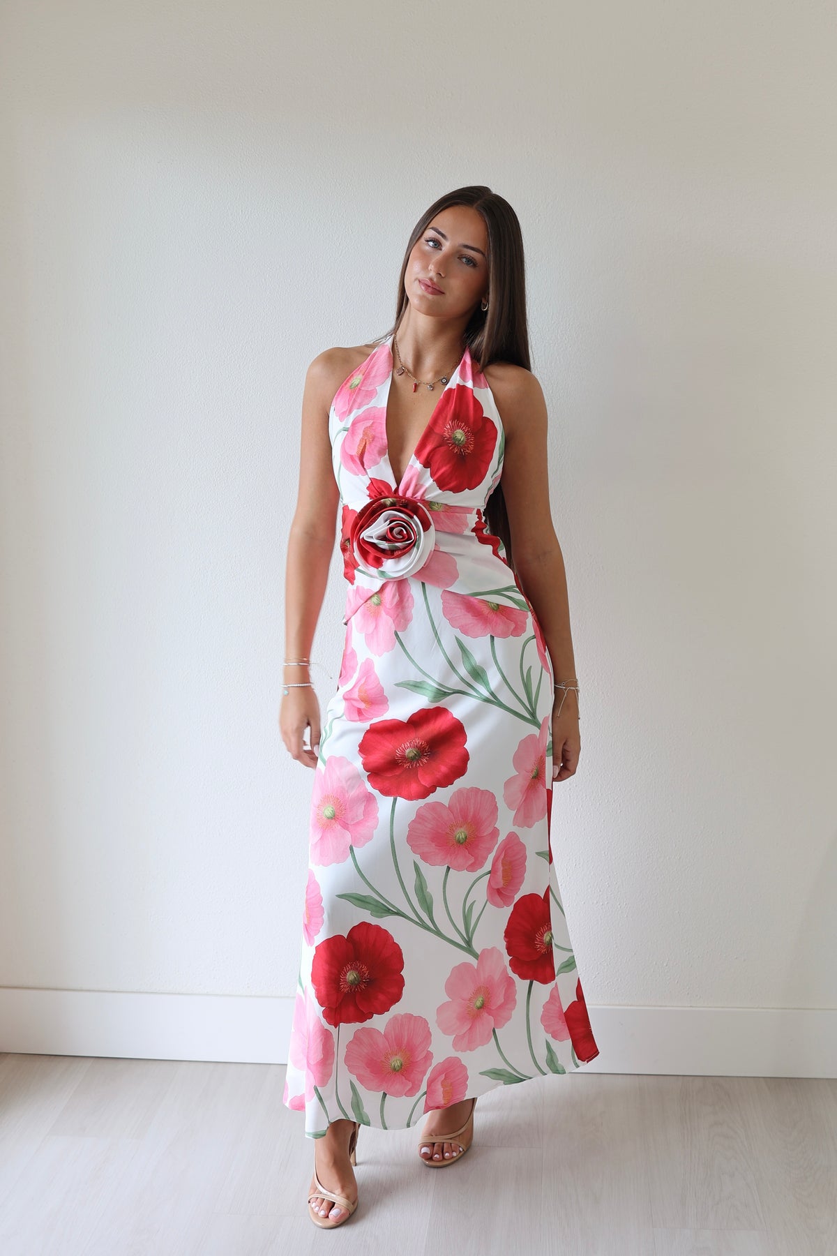 Floral halter maxi dress in white with large pink and red poppy blossoms