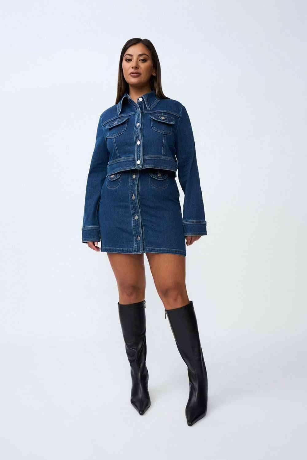 Indigo denim crop jacket, button front and short hem, flap pockets, front view