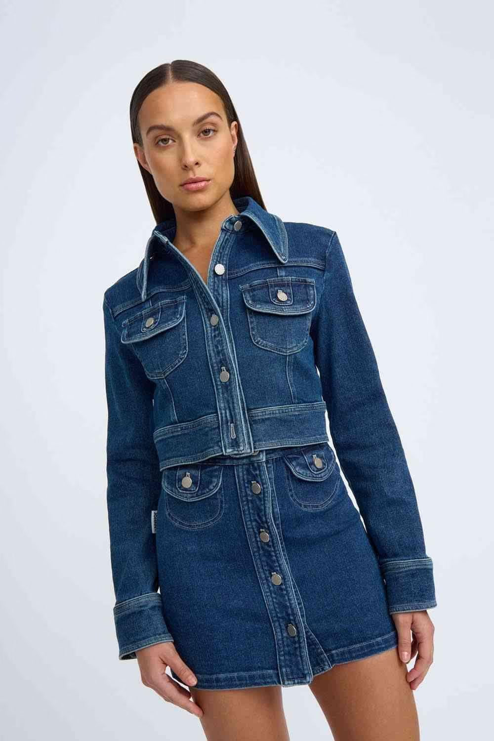 Indigo denim crop jacket, stand collar, button front, flap chest pockets