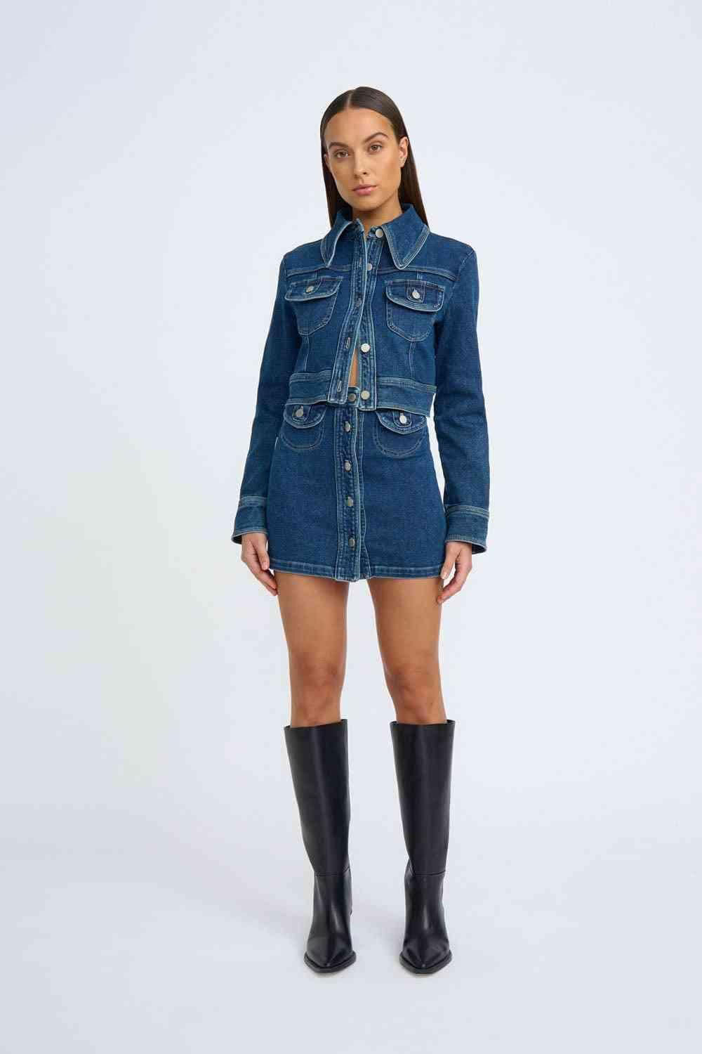 Indigo denim crop jacket, button front, flap chest pockets, long sleeves