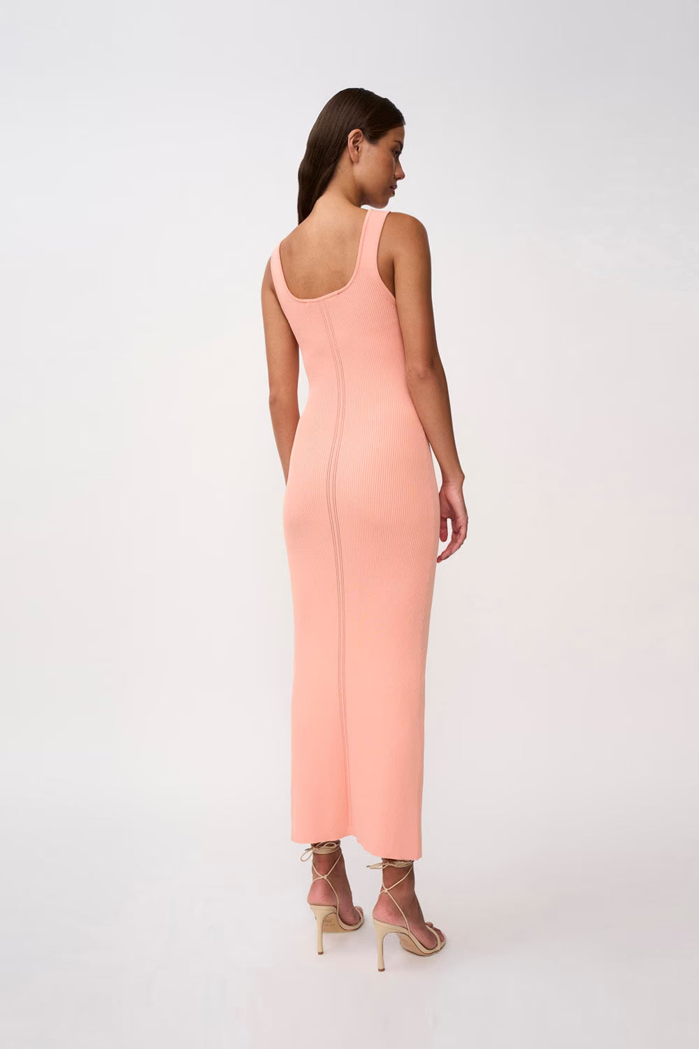 Peach ribbed knit midi dress, sleeveless racer back and scoop neck