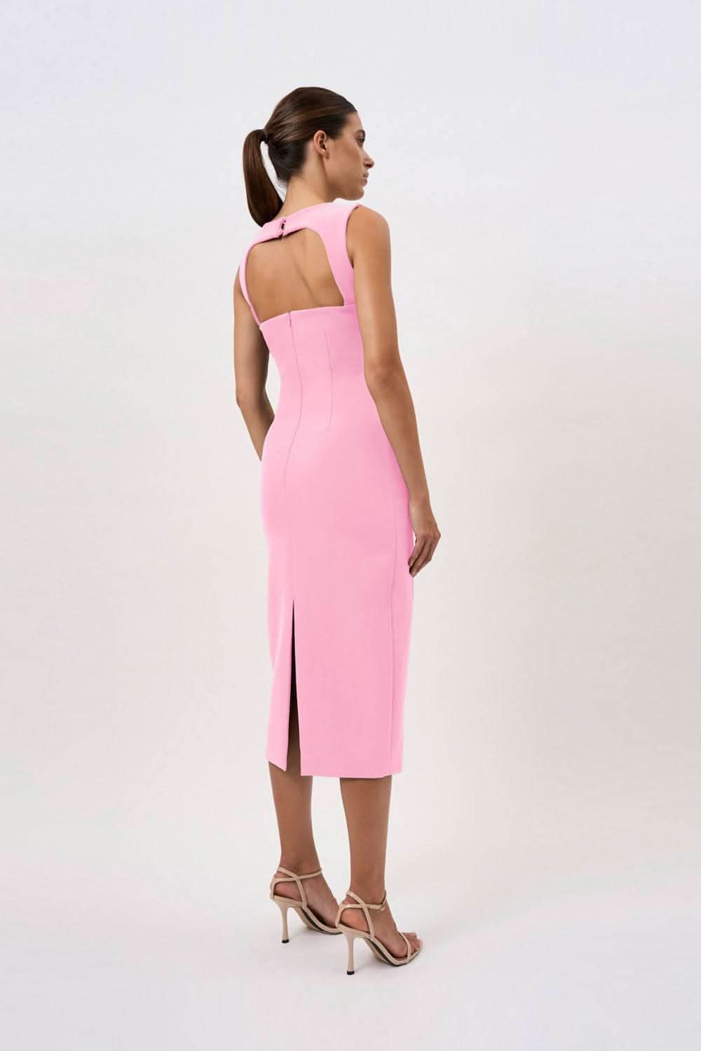 Pink sleeveless midi dress back view with open back and vertical seam detailing
