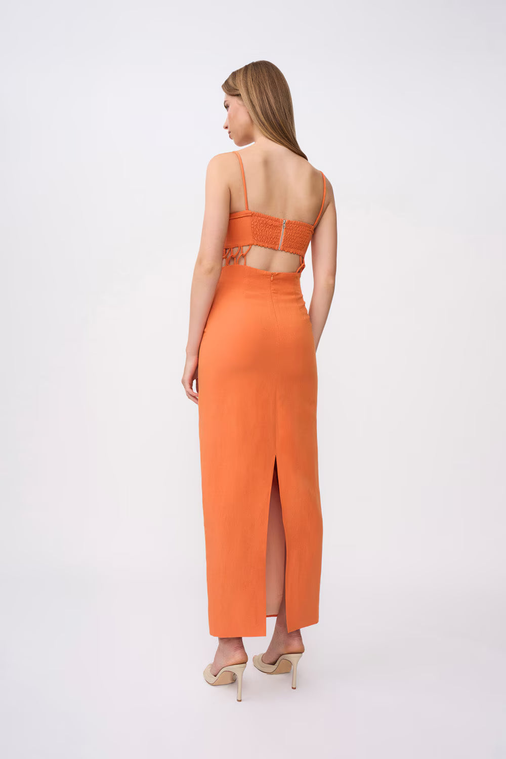 Orange linen ankle dress, open back with thin straps and center-back slit